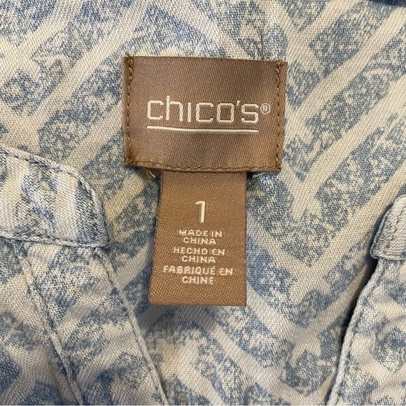Chico's Blue White Chevron Mixed Chambray Popover Blouse Top Size 1 or M/8 - Picture 6 of 9